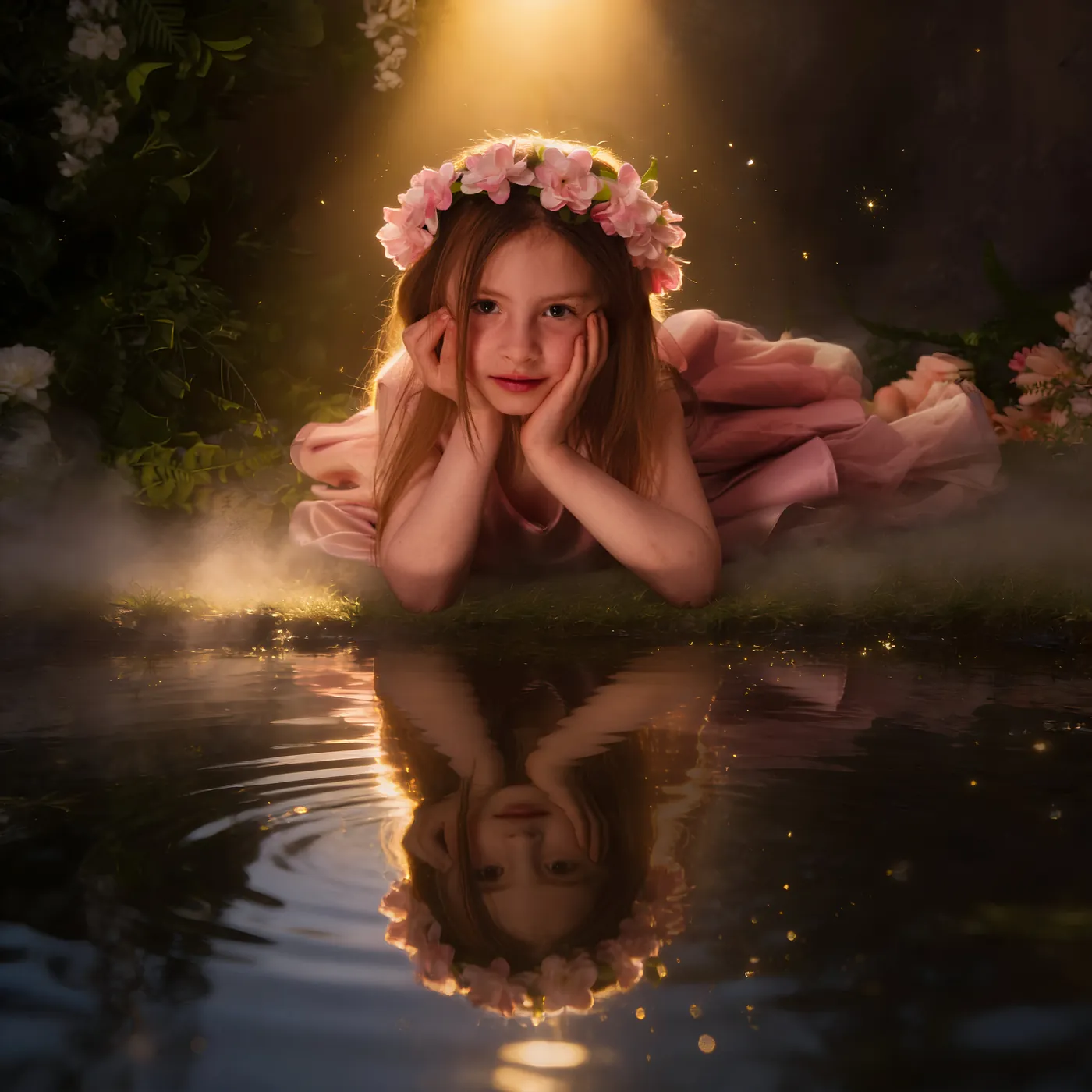 Meisje met bloemenkrans kijkt naar haar spiegelbeeld in het water
