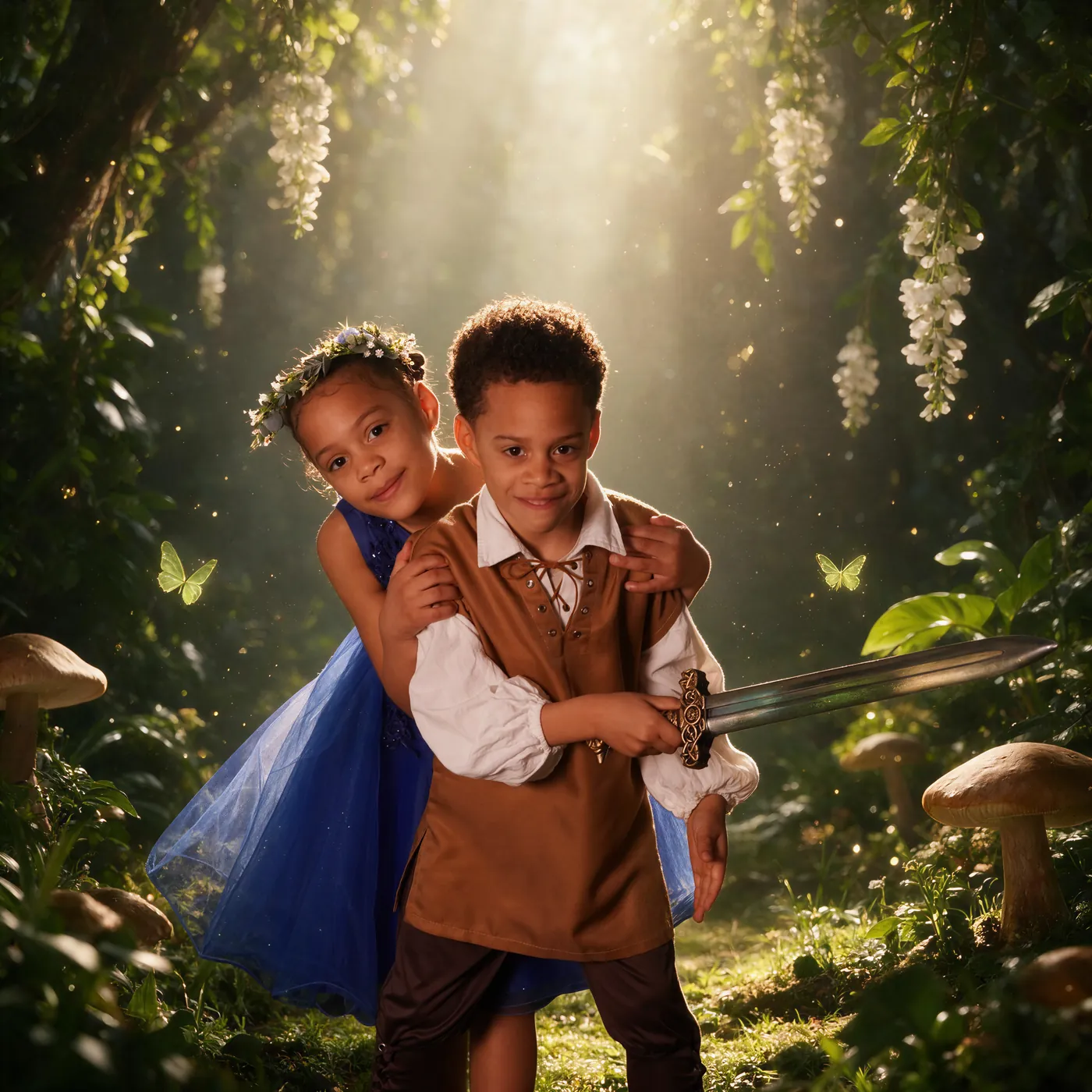 Broer en zus als ridder en prinses in een betoverd bos
