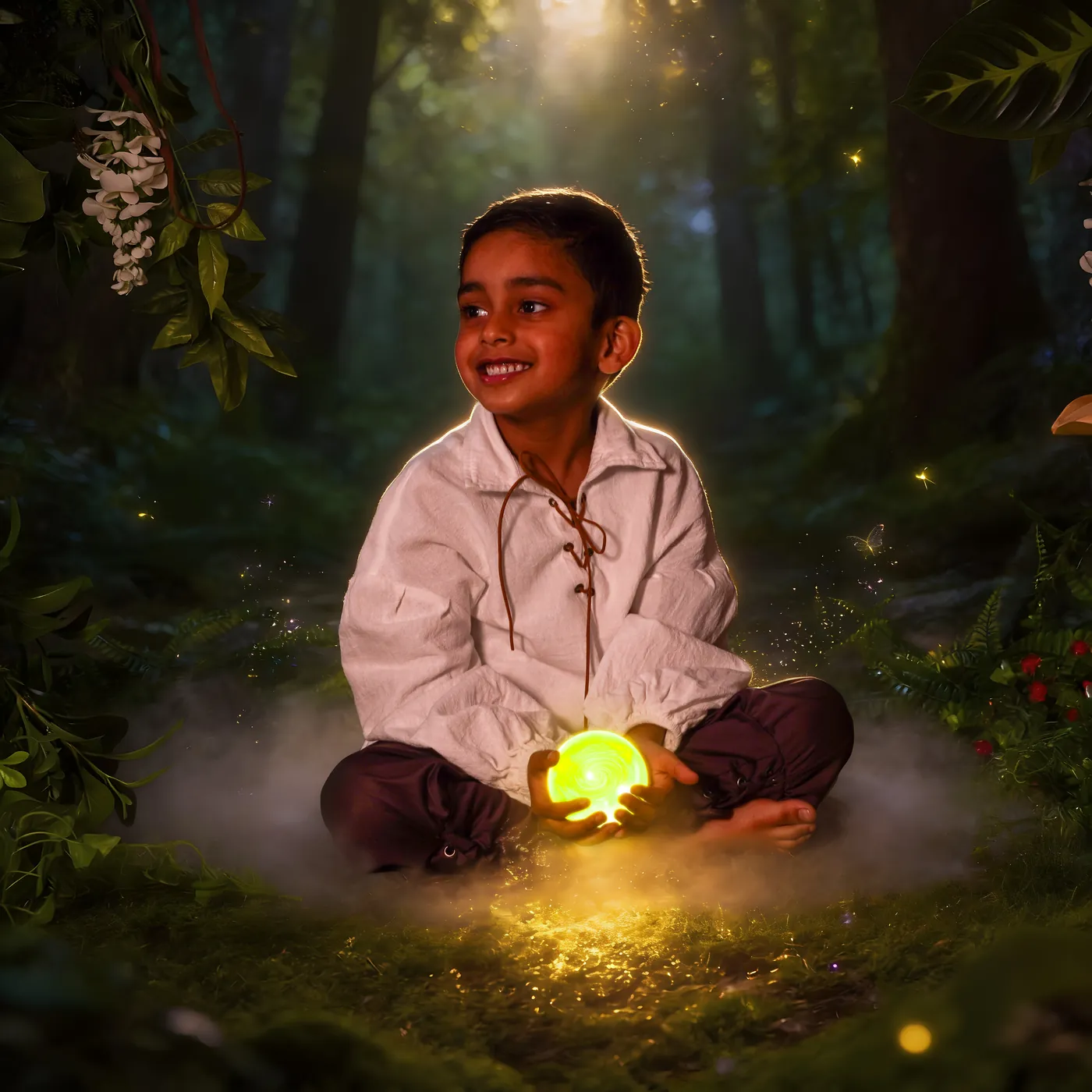 Lachende jongen met een gloeiende lichtbol