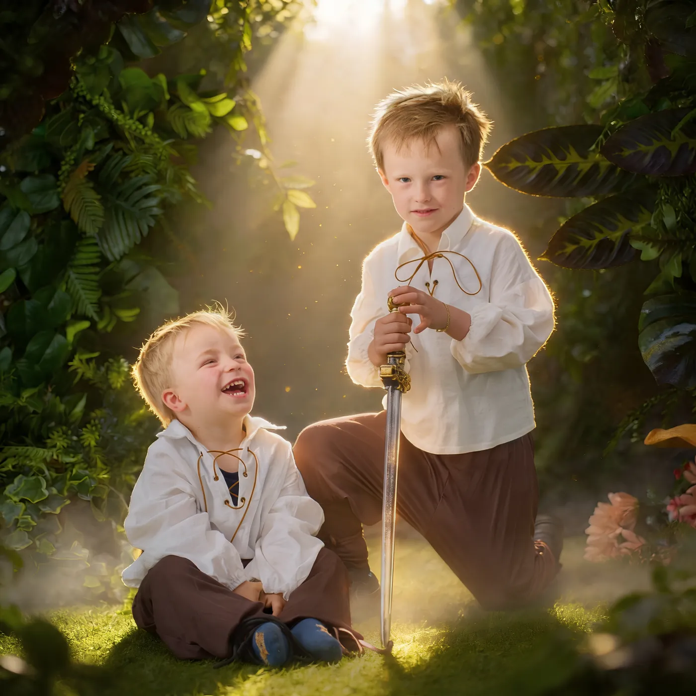 Twee lachende broertjes als ridders met een zwaard