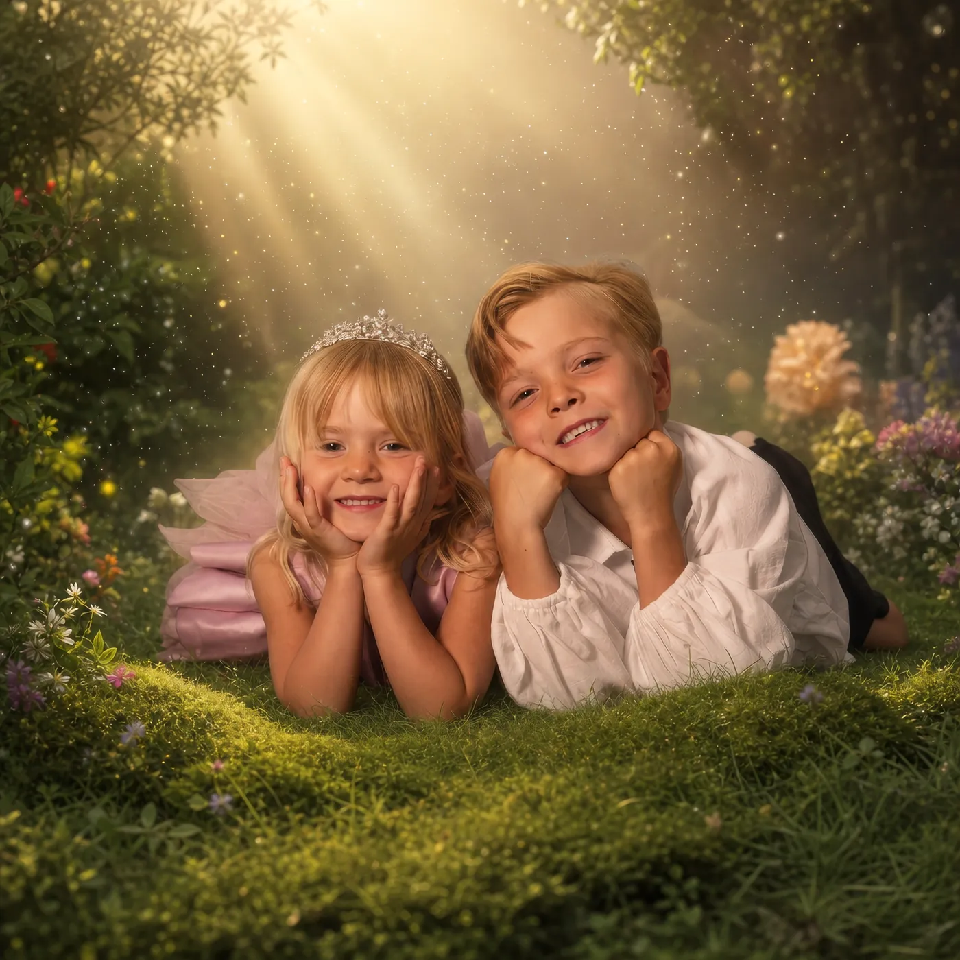 Broer en zus liggen lachend in het gras