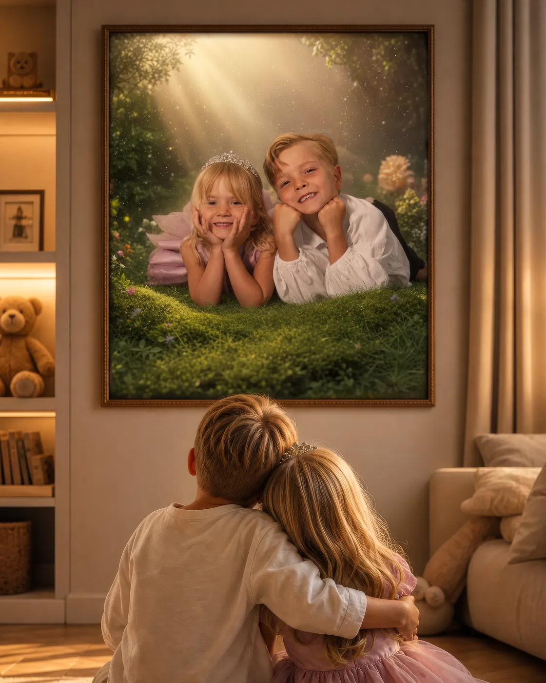 Broer en zus kijken thuis naar hun sprookjesportret aan de muur