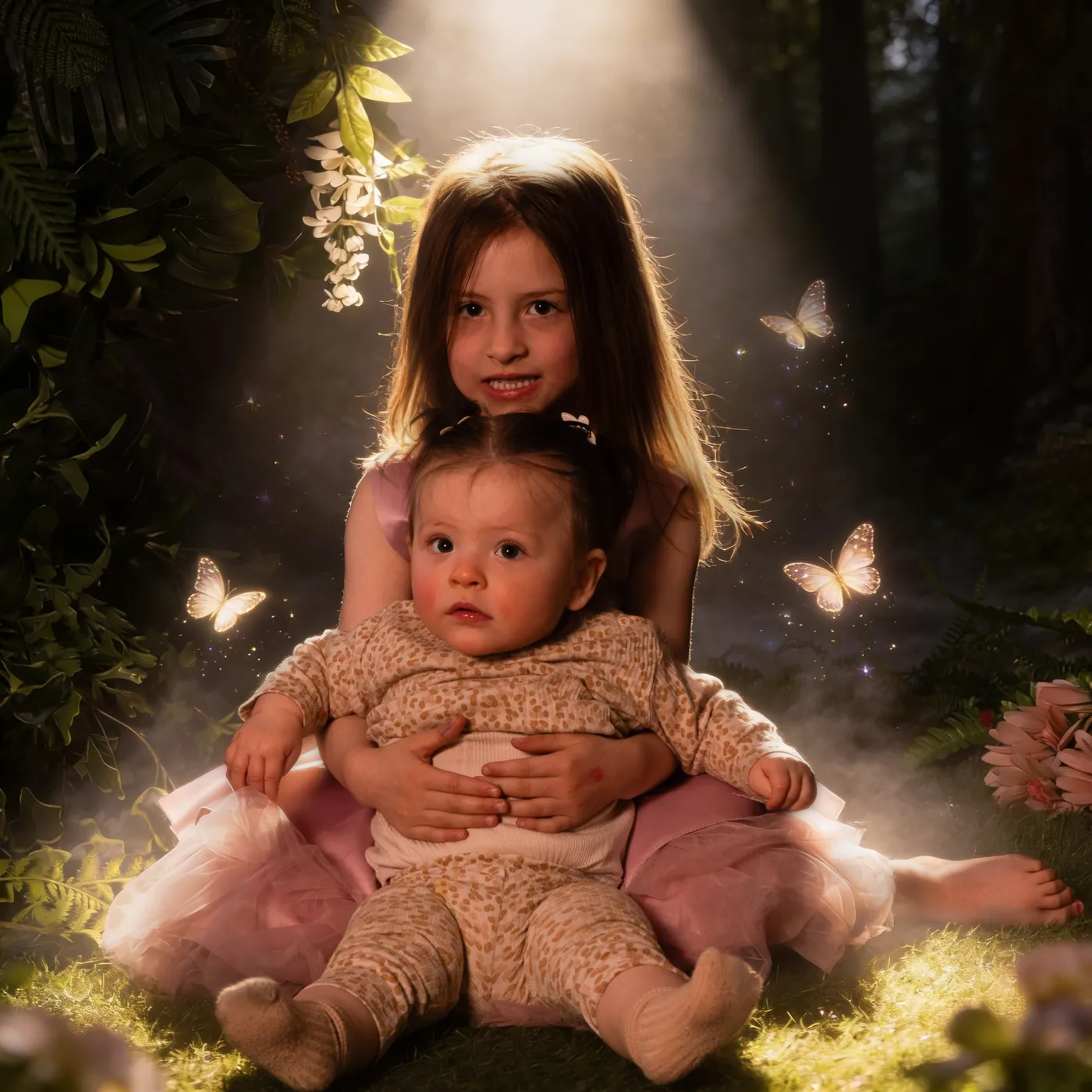 Grote zus houdt haar babyzusje vast tussen gloeiende vlinders